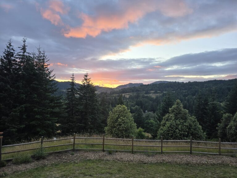 Wide view of farm at sunset